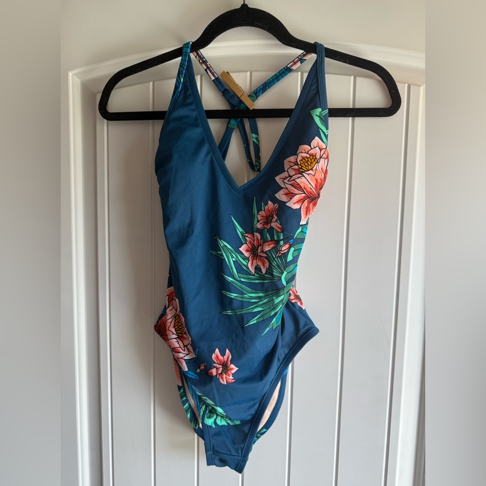 Teal One Piece Swimsuit w/ Pink Floral